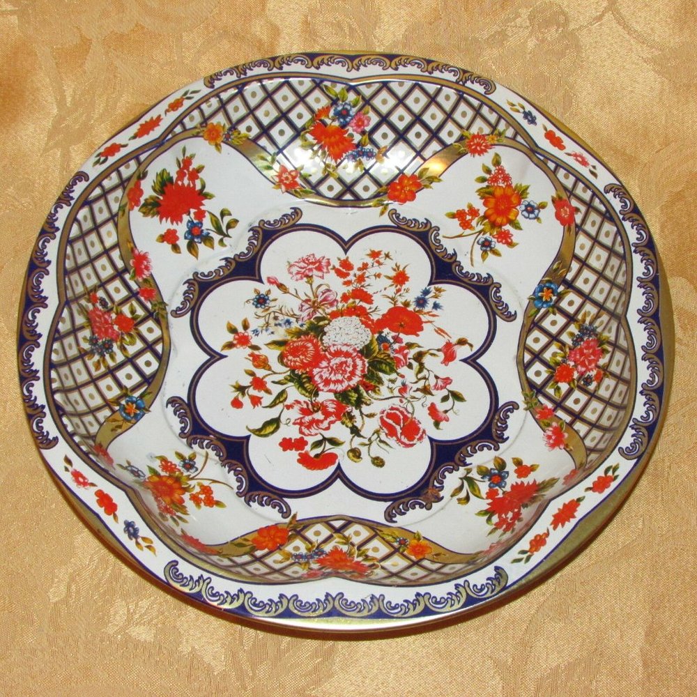 Vintage Metal Serving Bowl THE TIN BOX COMPANY OF AMERICA Blue Orange Floral